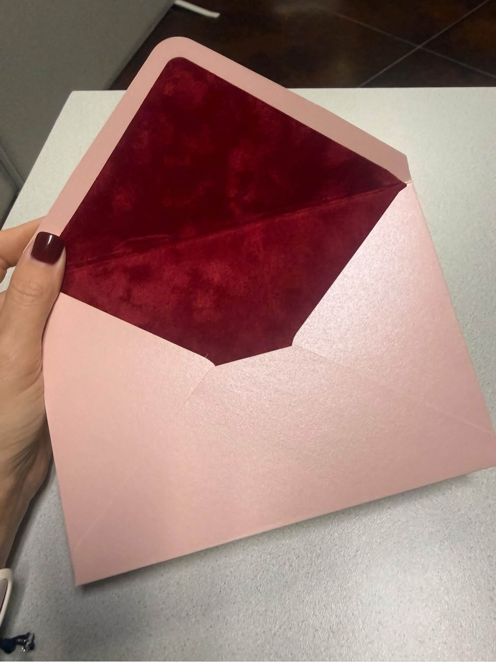 Pink Envelope with Burgundy Velvet Lining
